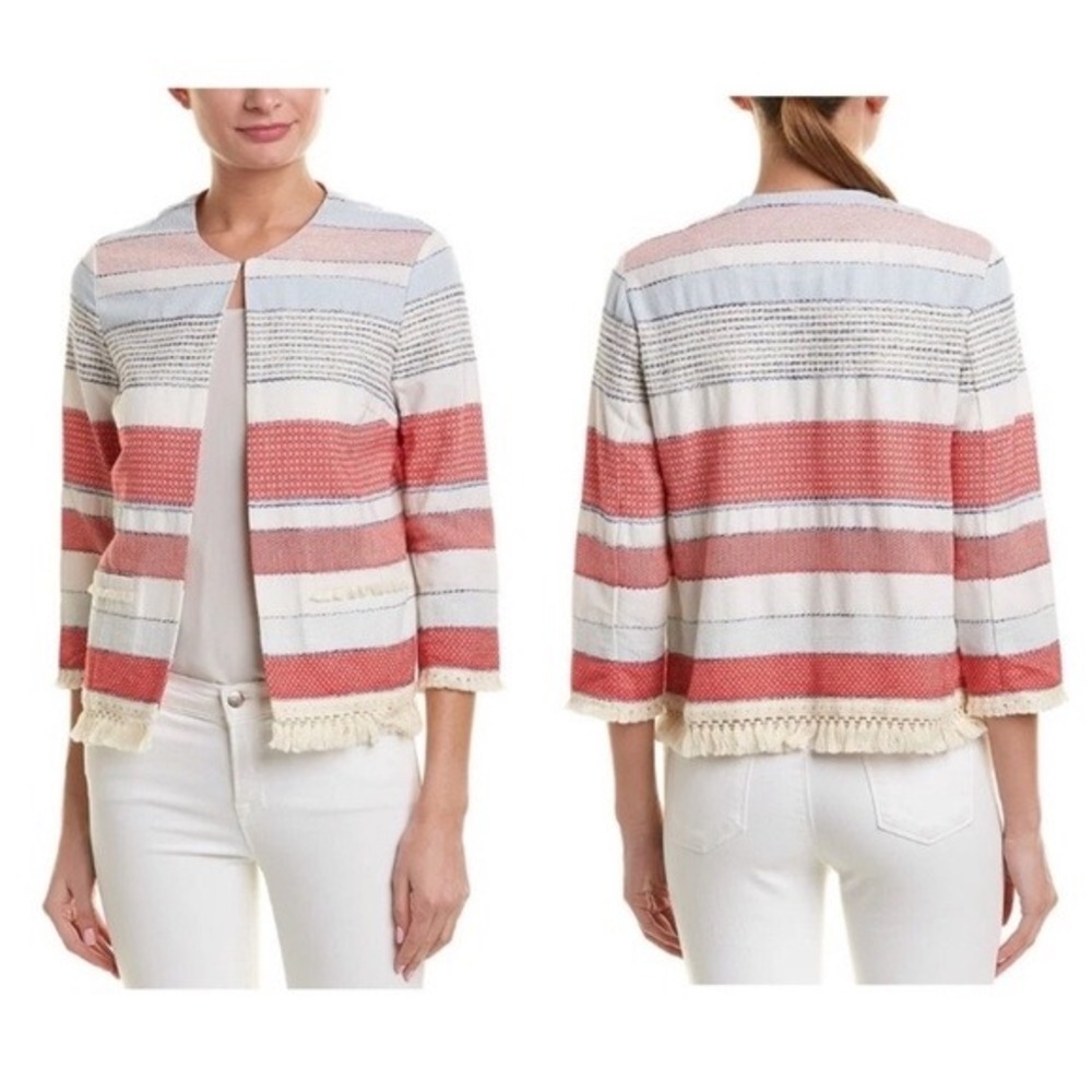 J.McLaughlin Womens XS Striped Fringe Trim Open Front Jacket Red Blue Cream‎